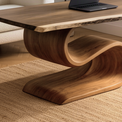 Close-up of the Serpina desk curved solid wood S-pedestal base and live edge top showing natural wood grain