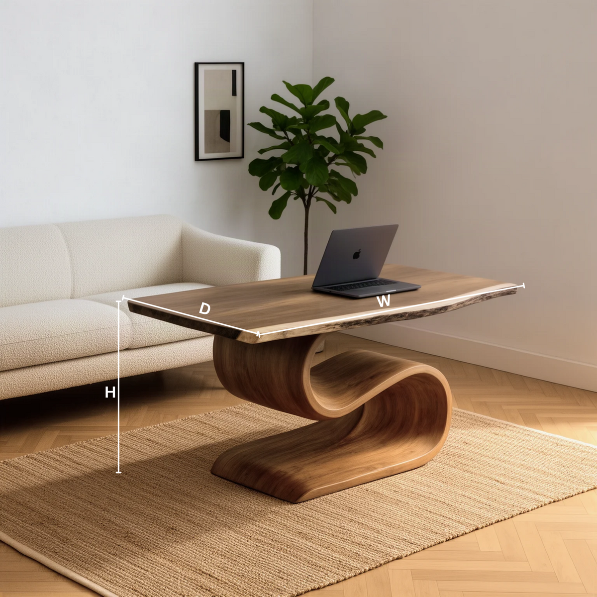 Serpina sculptural wood desk dimension guide showing width, depth and height of the S-curve executive desk