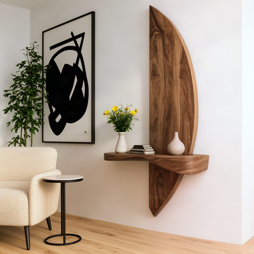 Crescia sculptural wood wall shelf in natural wood with crescent panel and curved floating shelf in a living room