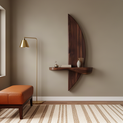 Crescia sculptural wood wall shelf in walnut, a tall crescent panel with floating display shelf on a bare wall