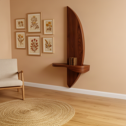 Crescia sculptural wood wall shelf in brown with half moon solid wood panel and curved floating shelf