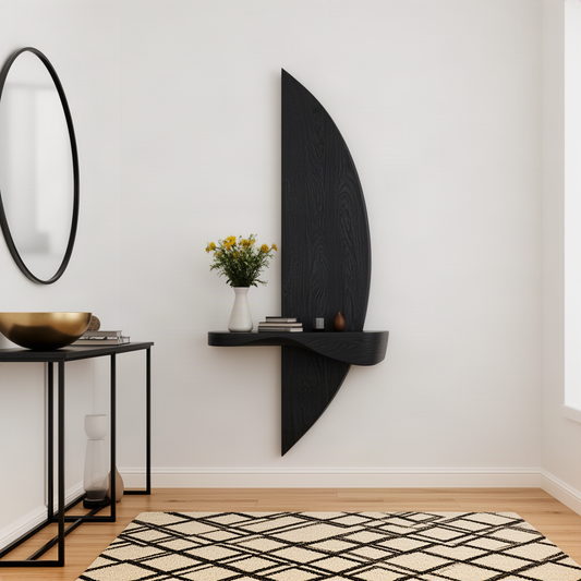 Crescia sculptural wood wall shelf in black as a minimalist entryway shelf with vase beside a round mirror