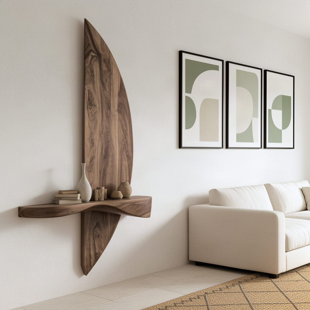 Crescia crescent wood floating shelf seen from an angle on a living room wall with sofa and framed art