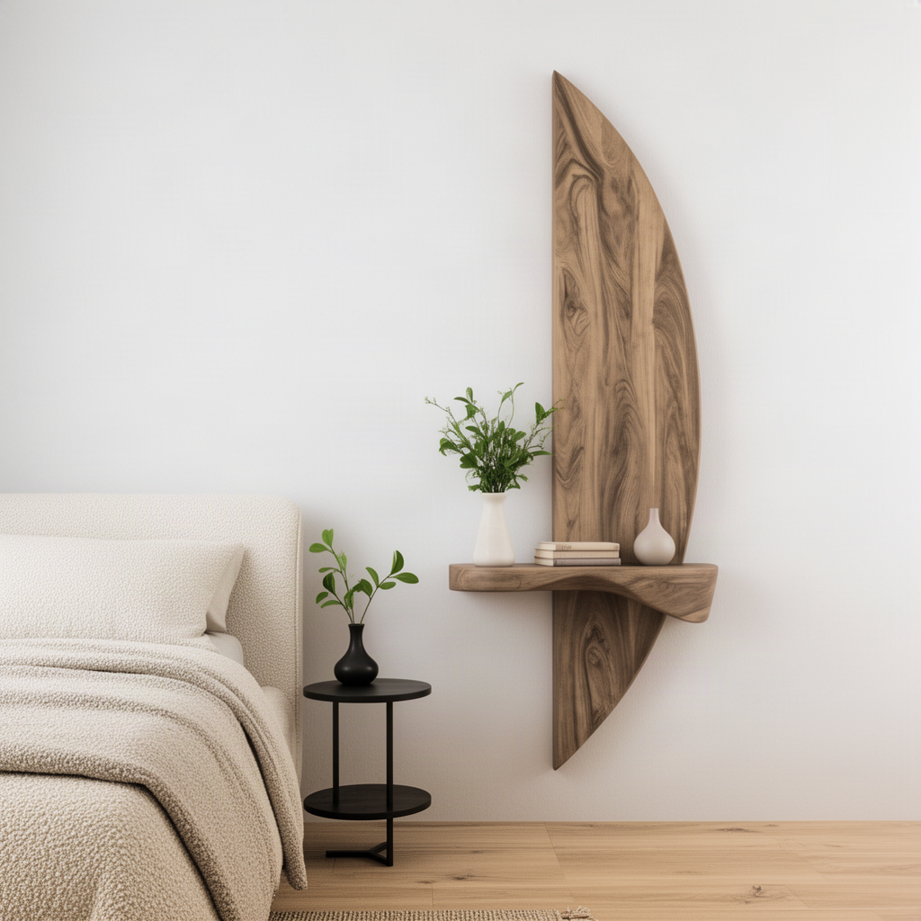 Crescia sculptural wall shelf next to a bed as a floating bedside ledge with plant, books and vase