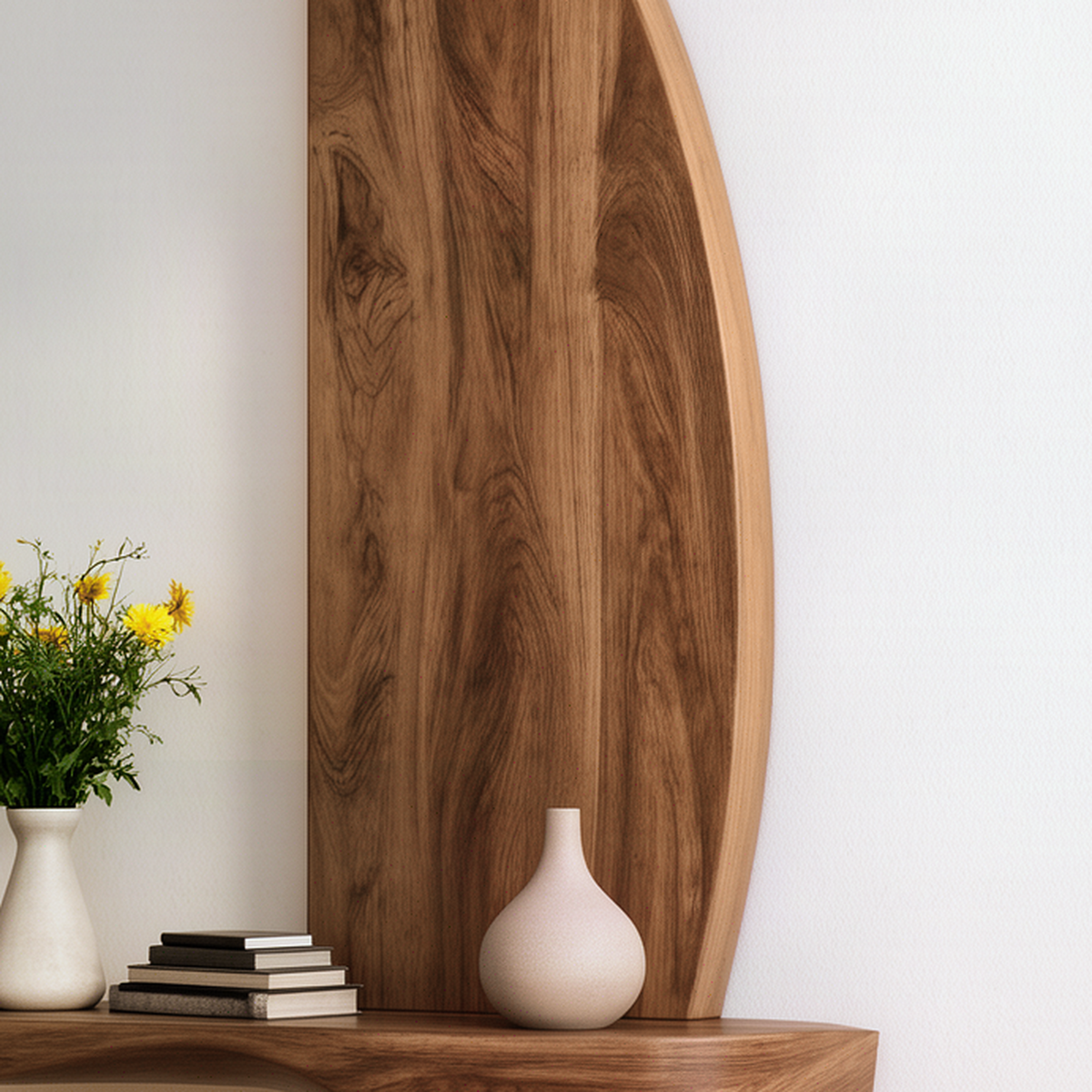 Close-up of the Crescia wall shelf showing natural solid wood grain on the curved crescent panel and shelf