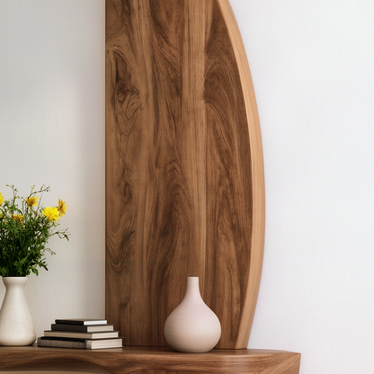 Close-up of the Crescia wall shelf showing natural solid wood grain on the curved crescent panel and shelf
