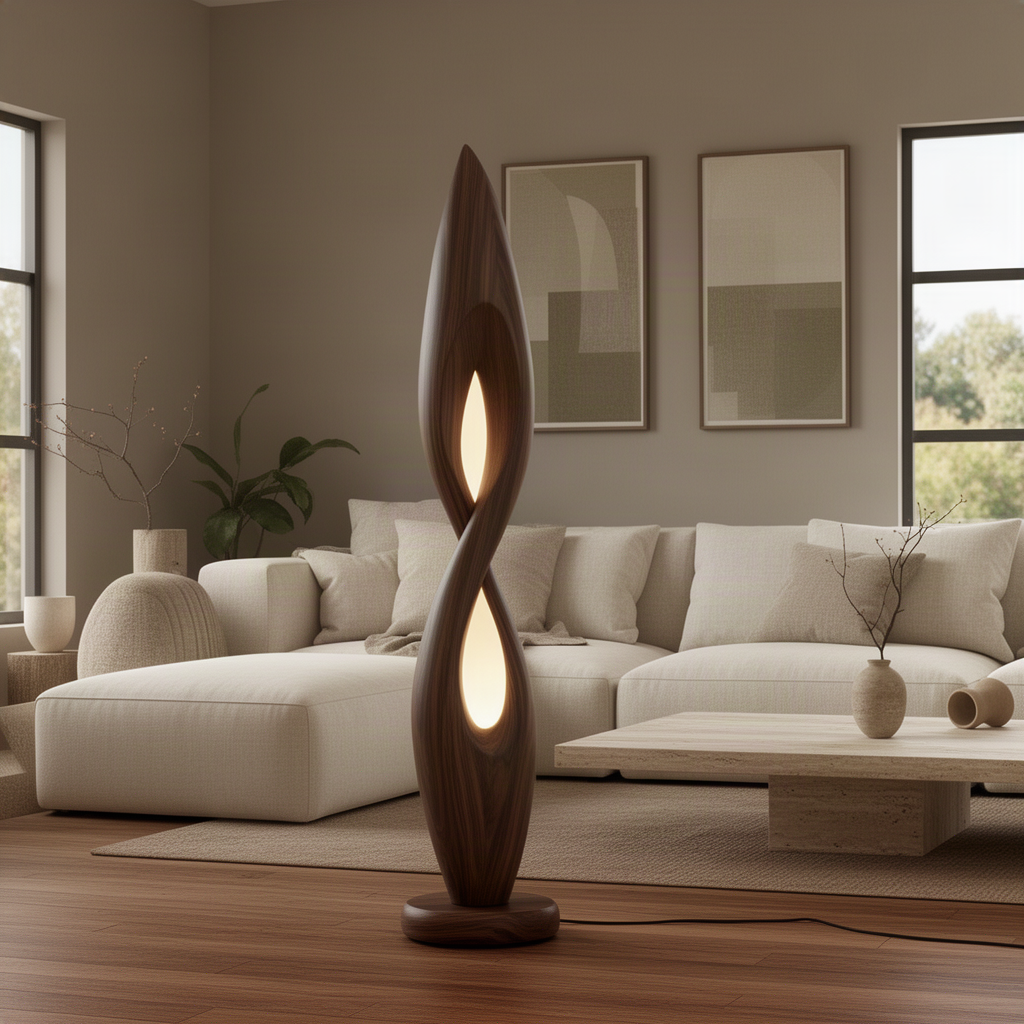 Flamara sculptural wood floor lamp in walnut, a twisted flame-shaped solid wood lamp with soft inner glow