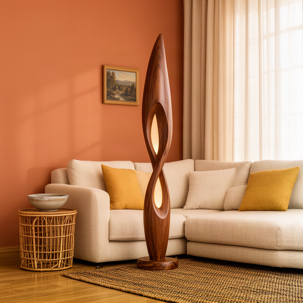 Flamara sculptural wood floor lamp in brown with spiral carved body, two light openings and round wood base
