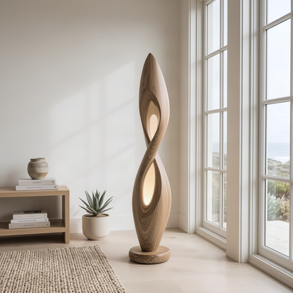 Flamara twisted wood floor lamp beside tall windows in a bright minimalist room with a low wooden console