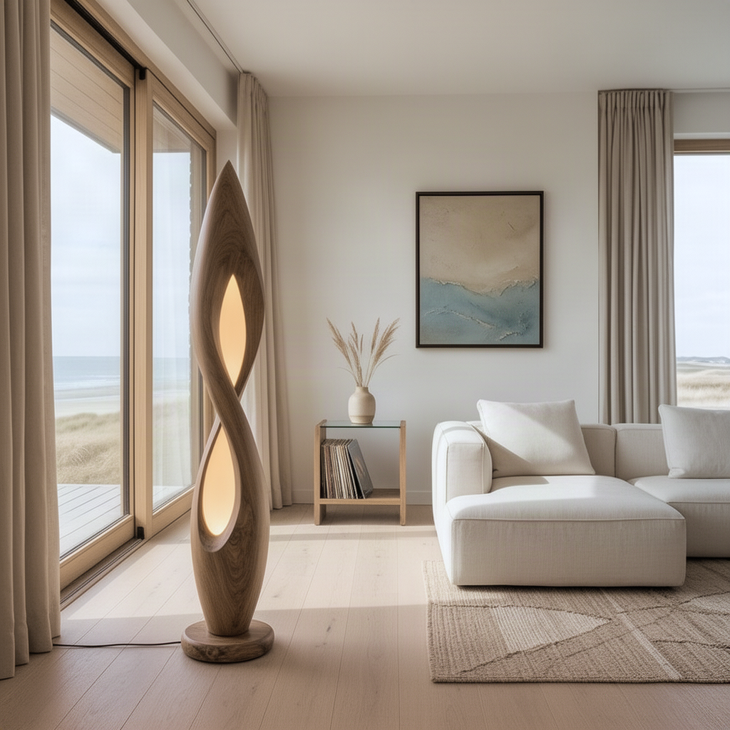 Flamara sculptural floor lamp glowing in a coastal living room next to a sliding door and white sofa