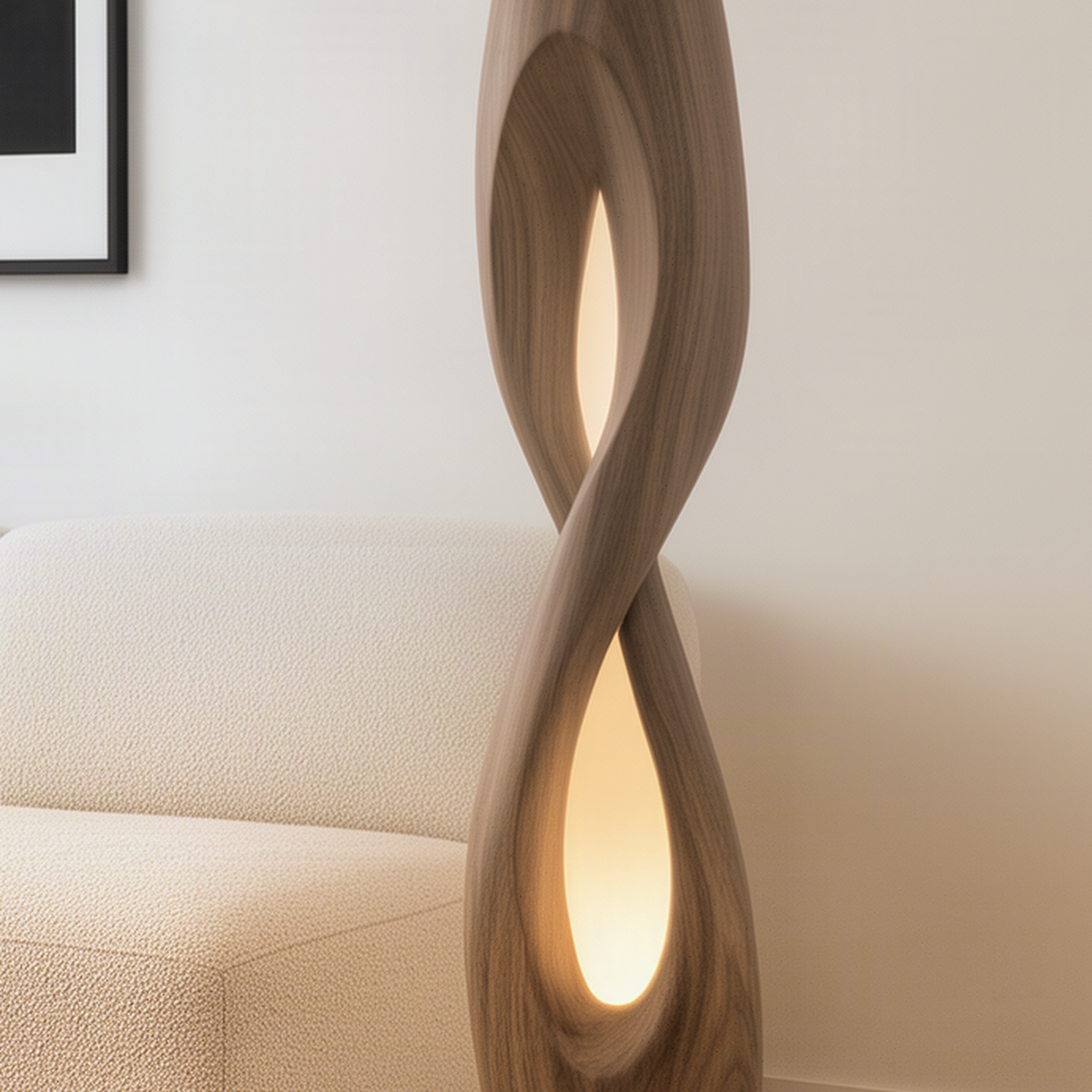 Close-up of the Flamara floor lamp showing the twisting solid wood body and warm light through carved openings