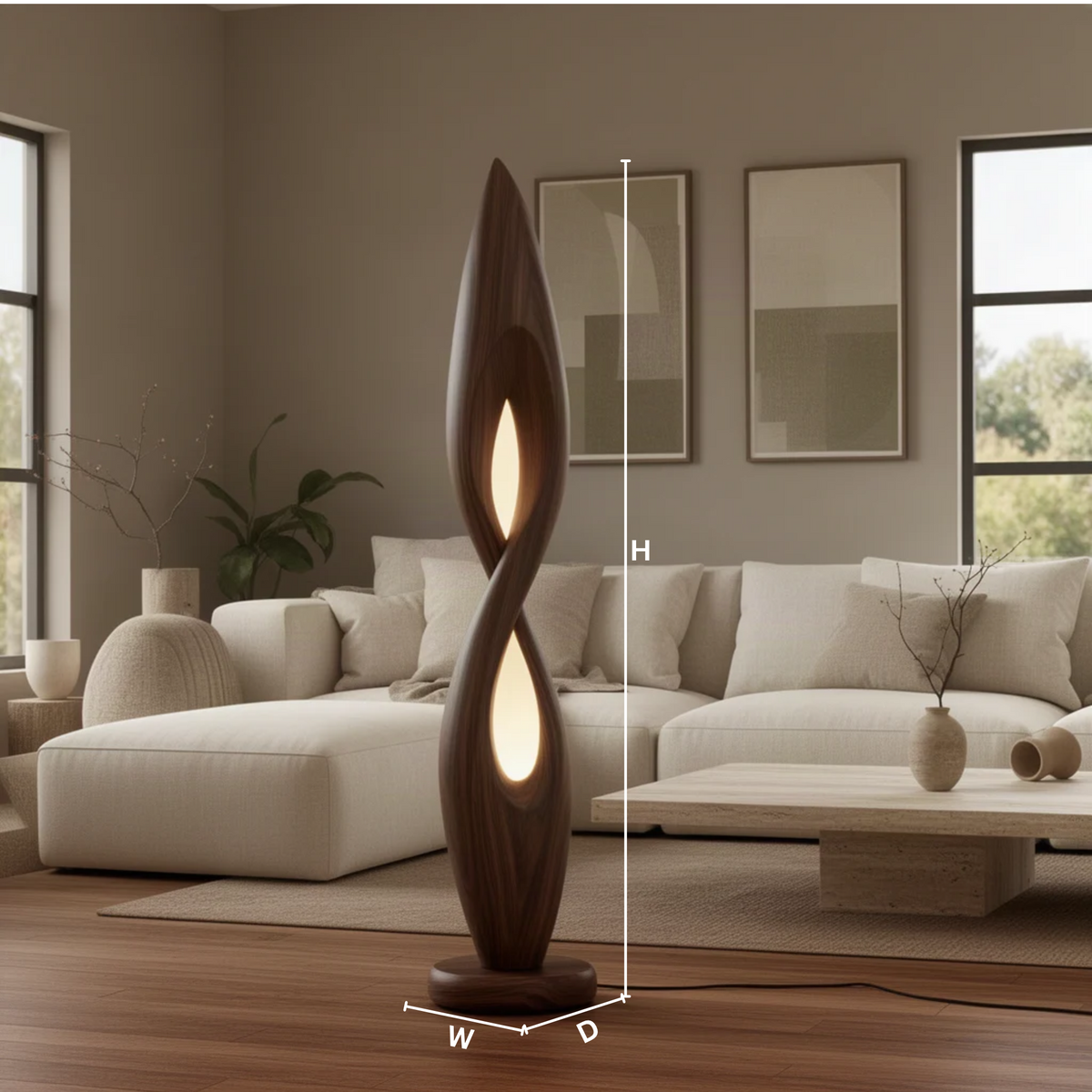 Flamara sculptural wood floor lamp dimension guide showing height and base width of the flame-shaped lamp