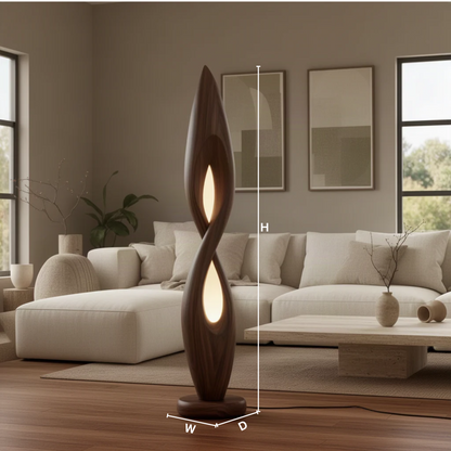 Flamara sculptural wood floor lamp dimension guide showing height and base width of the flame-shaped lamp