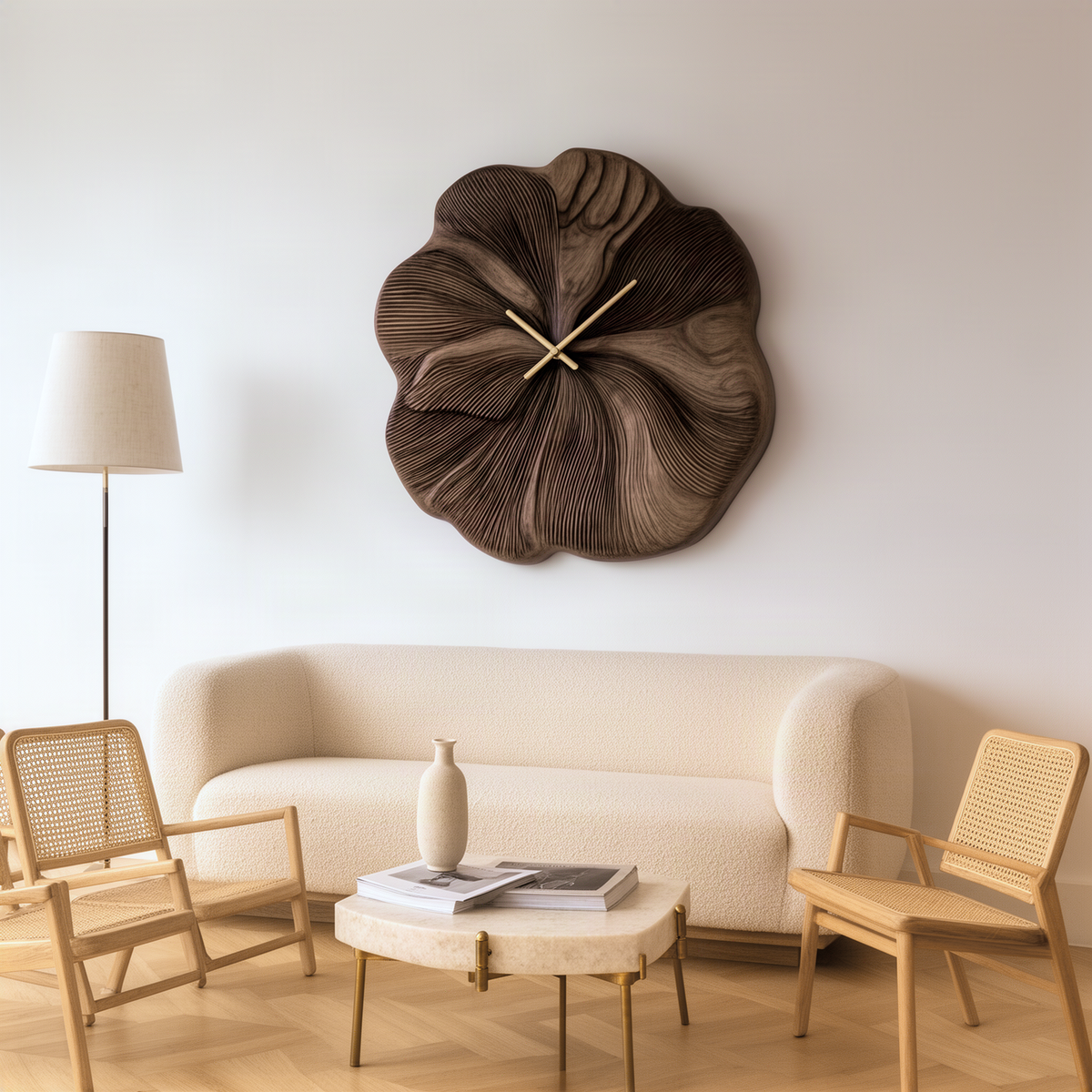 Petalune sculptural wood wall clock in natural wood with blooming flower petals and gold hands above a cream sofa