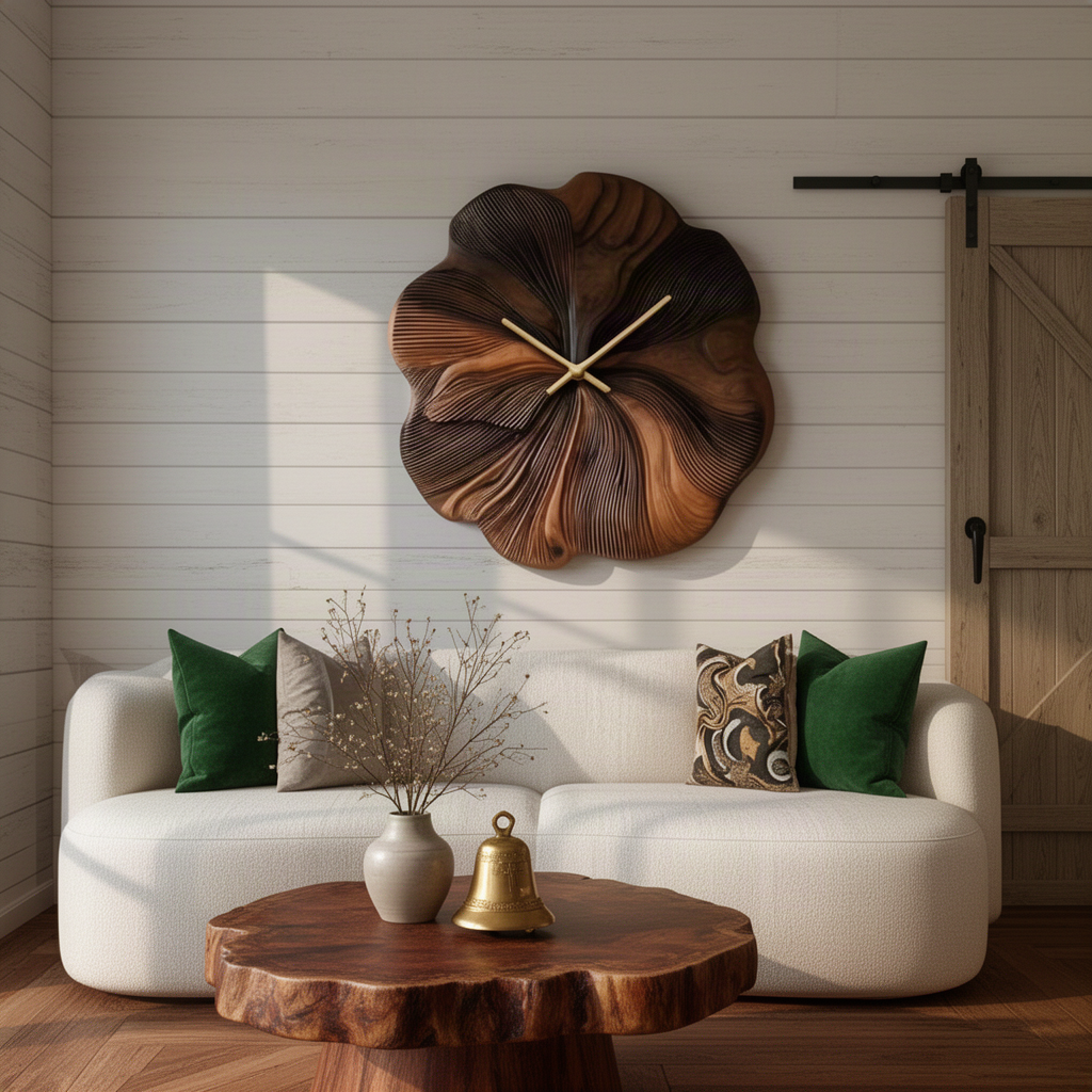 Petalune sculptural wood wall clock in walnut, a carved flower clock with layered ridged petals