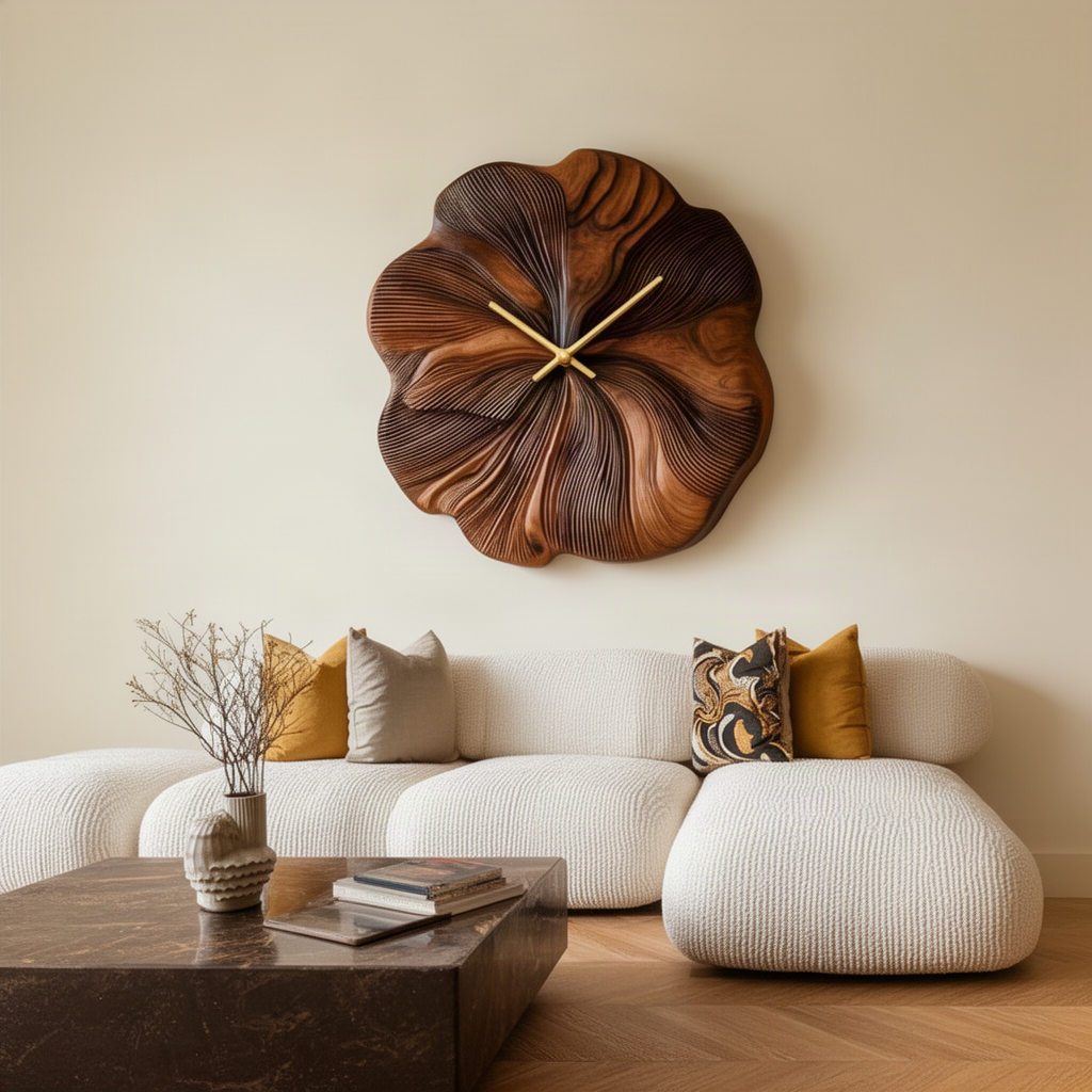 Petalune sculptural wood wall clock in brown with ruffled petal edges and radiating carved texture