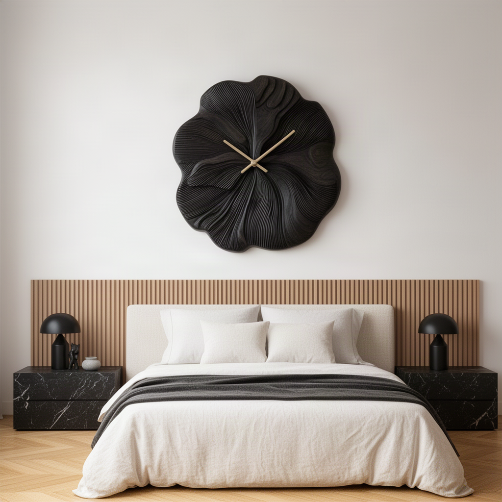 Petalune sculptural wood wall clock in black with gold hands above a bed with marble nightstands