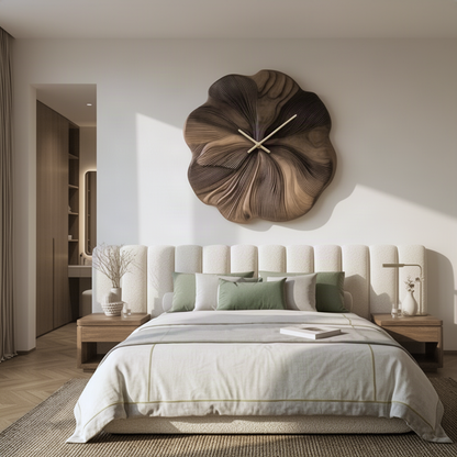 Petalune flower wall clock centered above an upholstered headboard in a calm modern bedroom