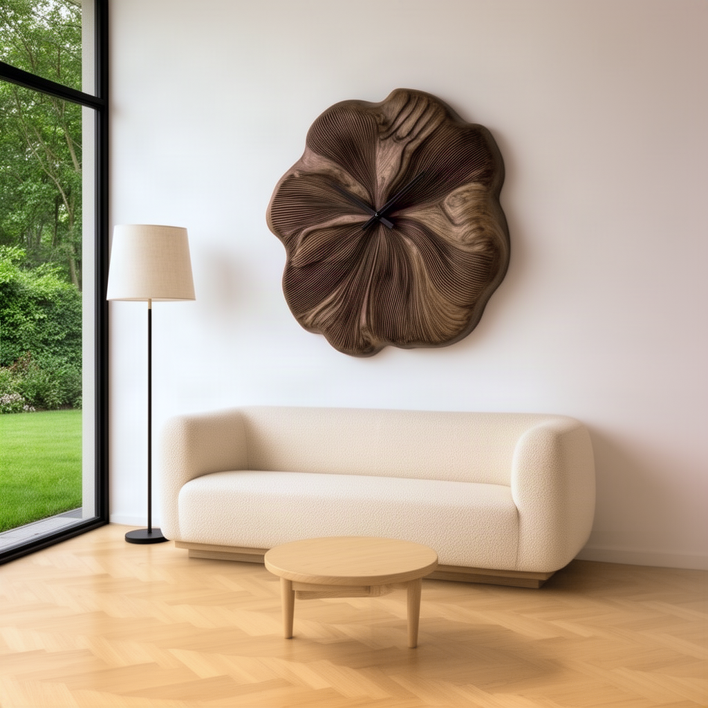 Petalune oversized carved wood wall clock above a sofa in a bright living room with garden window