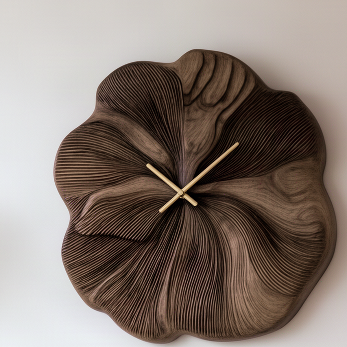 Close-up of the Petalune wall clock showing fine layered wood ridges on the flower petals and gold hands