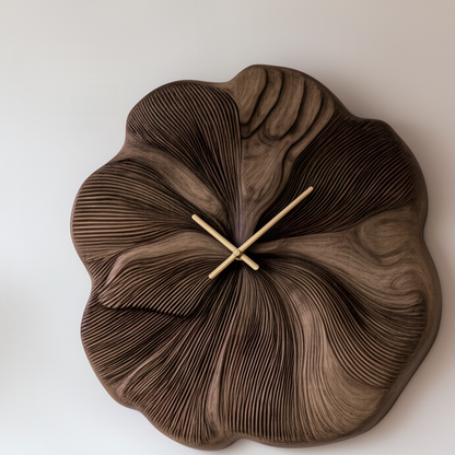 Close-up of the Petalune wall clock showing fine layered wood ridges on the flower petals and gold hands