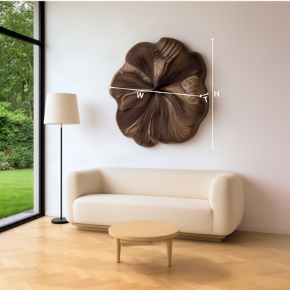 Petalune sculptural wood wall clock dimension guide showing width, height and thickness of the flower clock