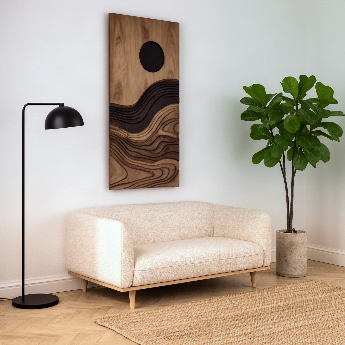 Duskara sculptural wood wall art in natural wood with layered dune waves and black sun above a cream sofa