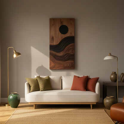Duskara sculptural wood wall art in walnut, a vertical layered wave relief panel with a round black sun