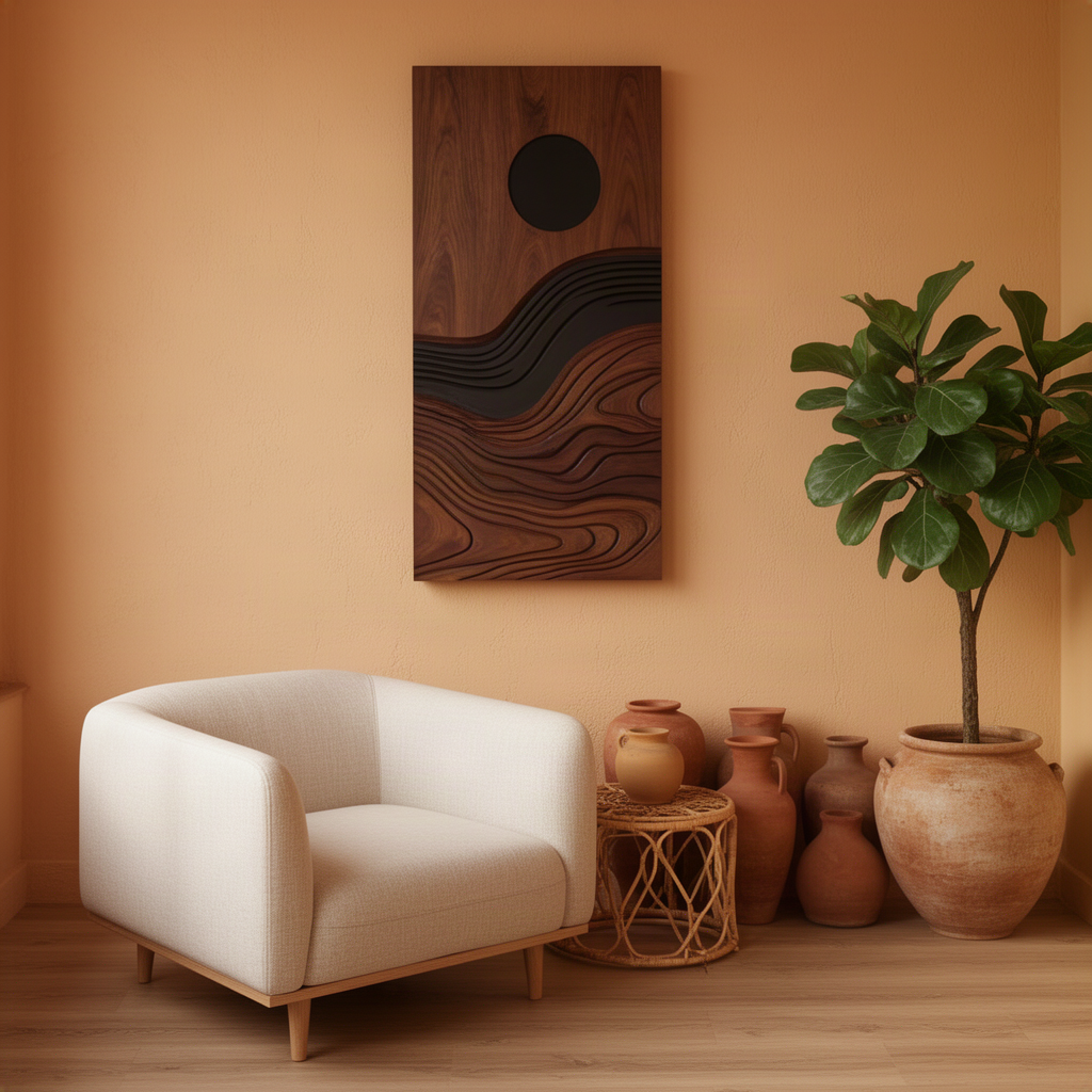 Duskara sculptural wood wall art in brown with stacked dune ridges and dark contrast layers on a tall panel