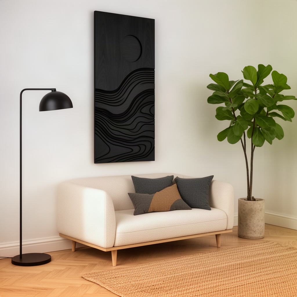 Duskara sculptural wood wall art in black, a tone-on-tone layered wave relief above a loveseat