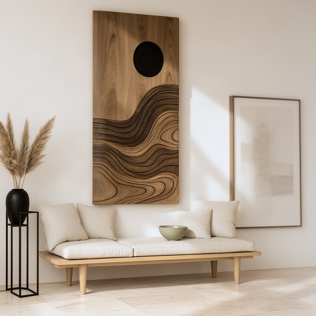 Duskara layered dune wood wall art above a low daybed in a sunlit lounge with dried pampas decor