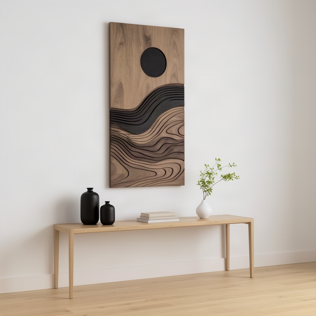 Duskara vertical wood wall art above a slim console table as minimalist entryway decor with vases