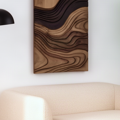 Close-up of the Duskara wall art showing stacked solid wood wave layers, grain and deep carved shadows