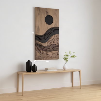 Duskara sculptural wood wall art dimension guide showing height, width and depth of the vertical panel