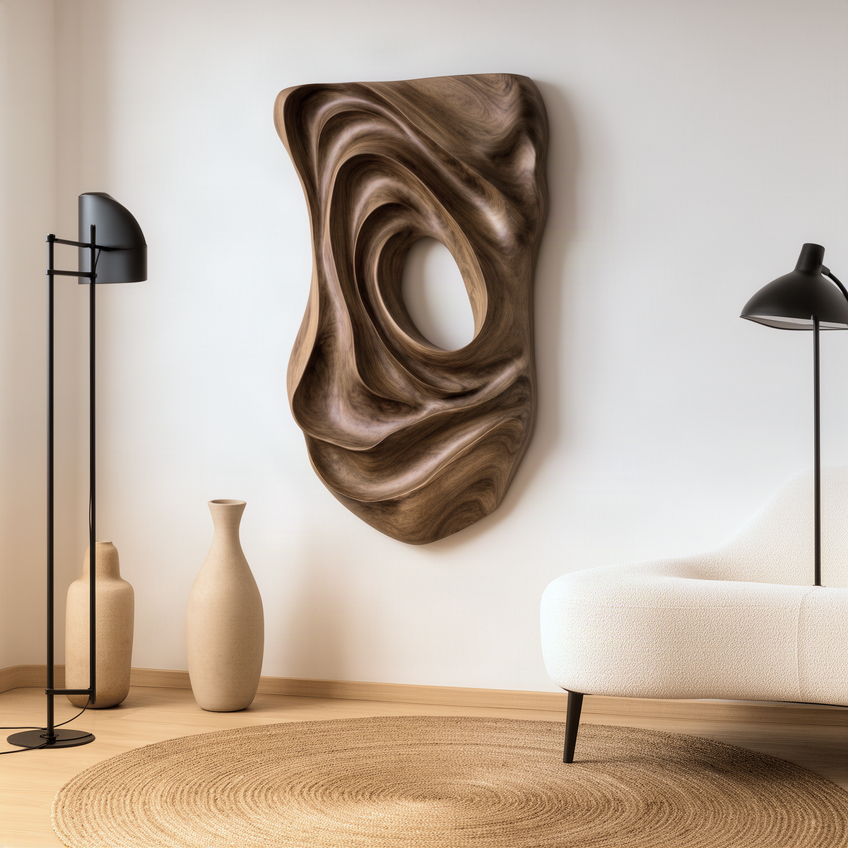 Eddora sculptural wood wall art in natural wood with swirling carved ridges and an open oval center