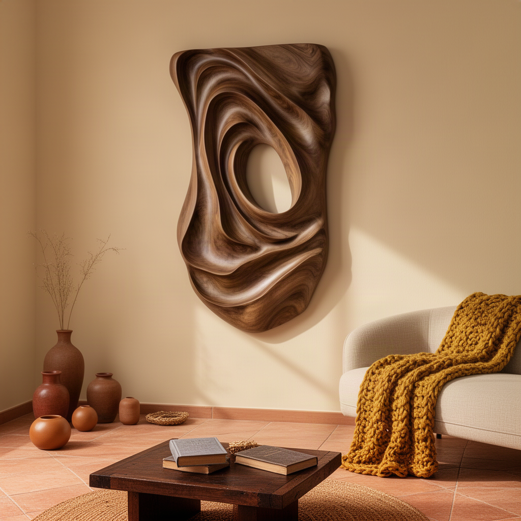 Eddora sculptural wood wall art in brown with deep rounded ridges spiraling toward an oval opening