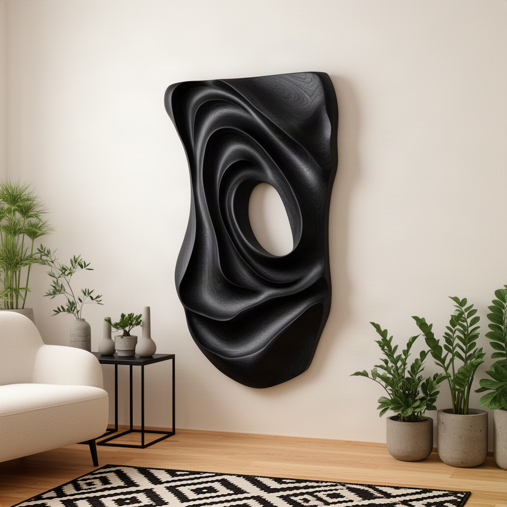 Eddora sculptural wood wall art in black, a dramatic swirling relief with oval center in a living room