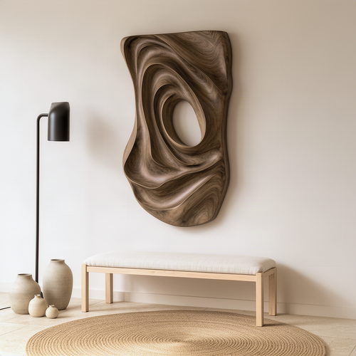 Eddora free-form wood wall sculpture above an upholstered bench in a calm minimalist entryway