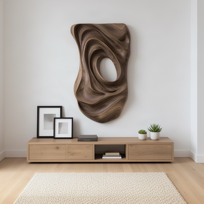 Eddora swirling wood wall art above a low light wood media console with framed prints and plants