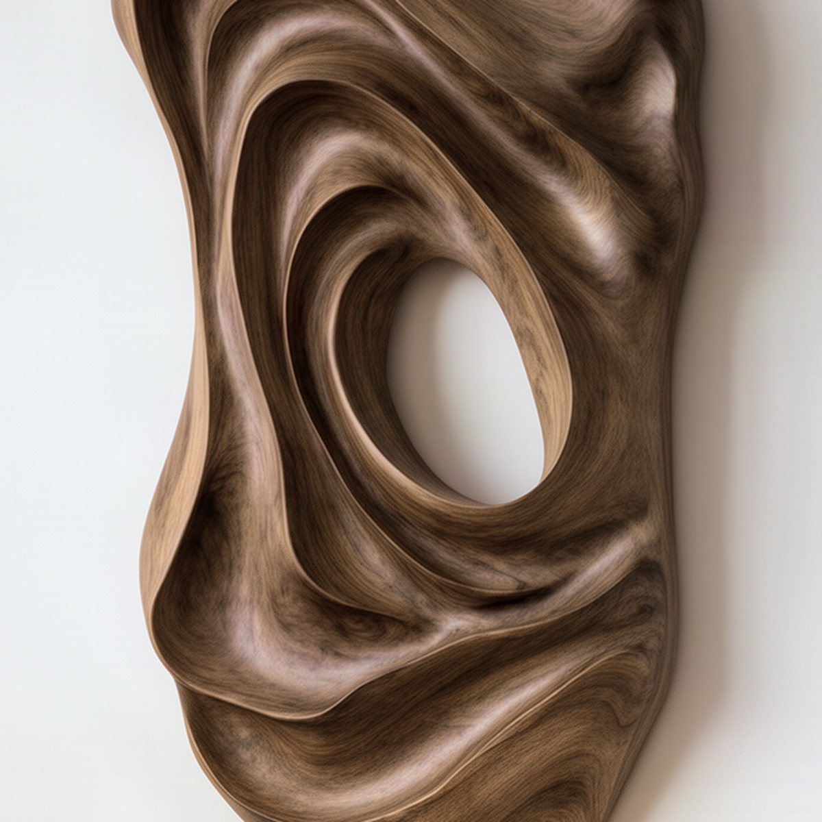 Close-up of the Eddora wall art showing hand-carved swirling ridges, wood grain and the oval opening