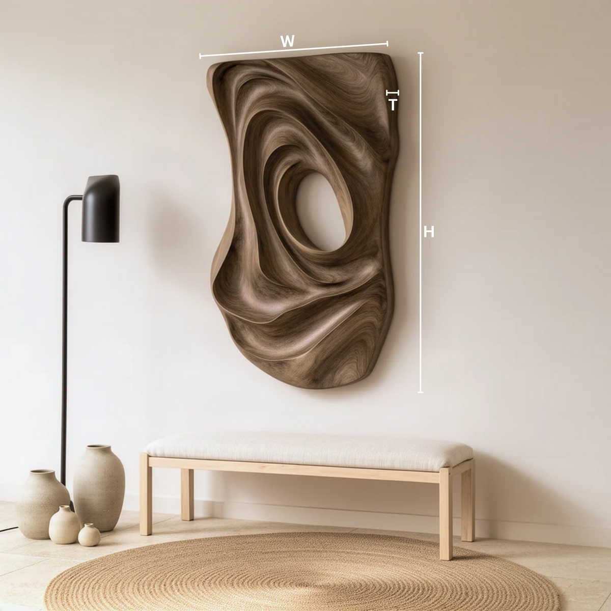 Eddora sculptural wood wall art dimension guide showing height, width and depth of the free-form panel
