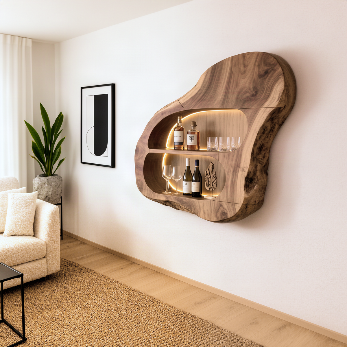 Cellara sculptural wood wine rack in natural wood with live edge outline and glowing two-tier bottle niche