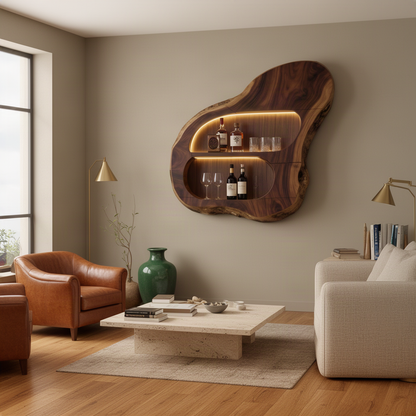 Cellara sculptural wood wine rack in walnut, a live edge wall bar shelf displaying wine bottles and glasses