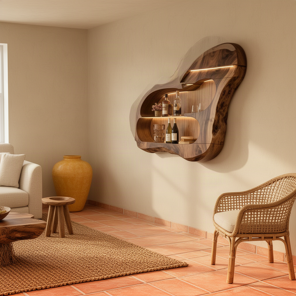 Cellara sculptural wood wine rack in brown with rounded lit niche, curved shelves and organic outline