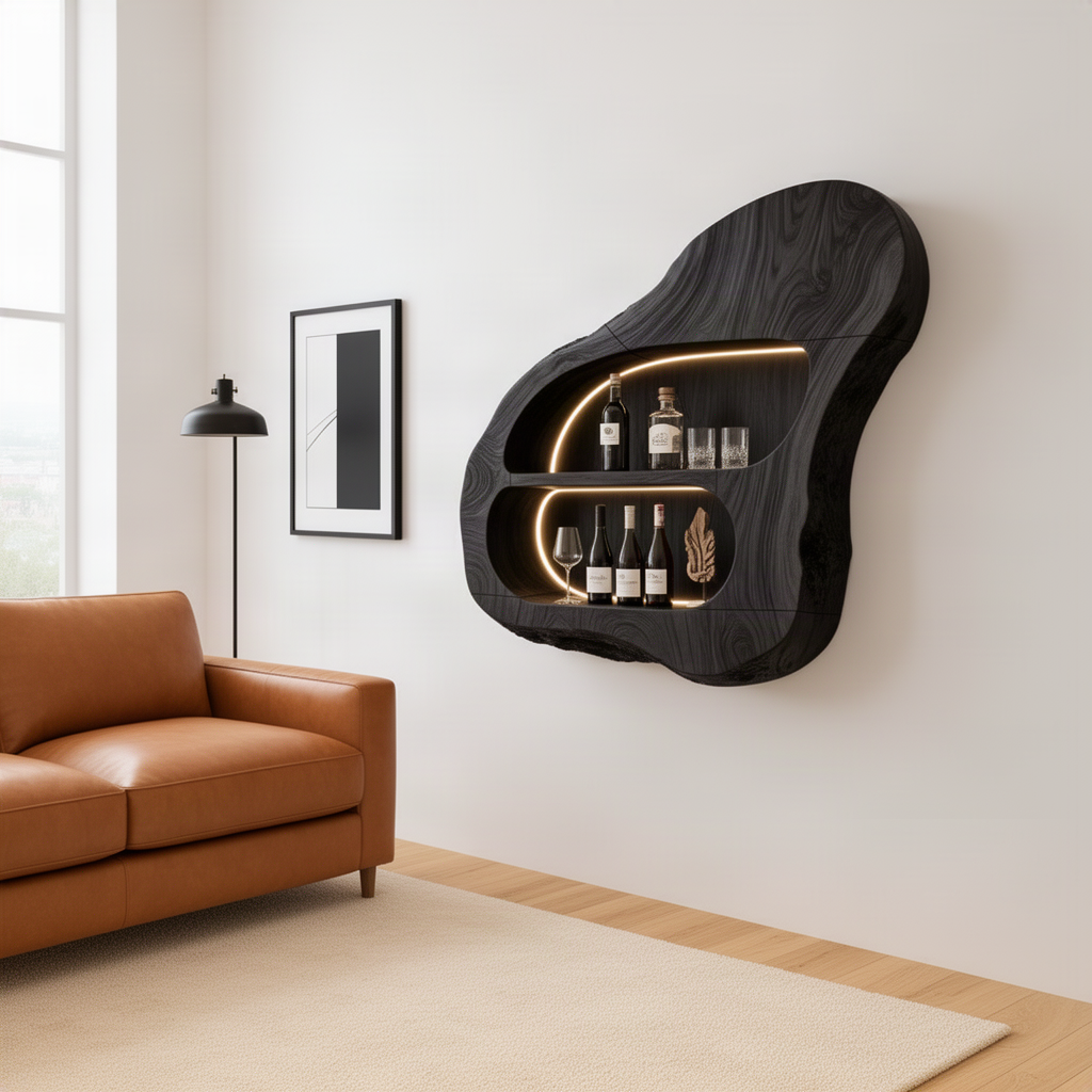 Cellara sculptural wood wine rack in black with warm glowing niche above a leather sofa in a living room