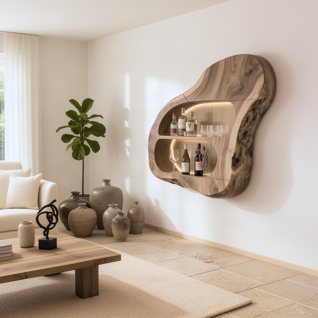 Cellara live edge wood wine rack on a sunlit living room wall with bottles, glasses and ceramic vases