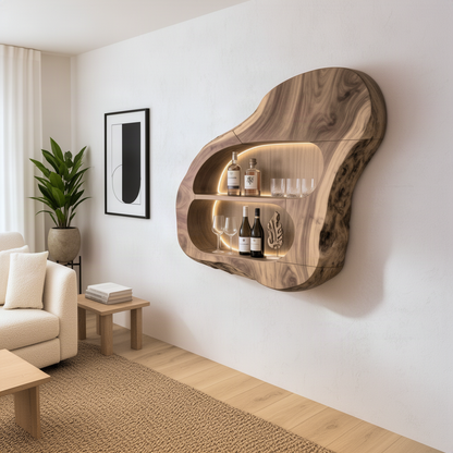 Cellara wall bar shelf holding wine, spirits and glasses on two curved shelves beside a cozy sofa