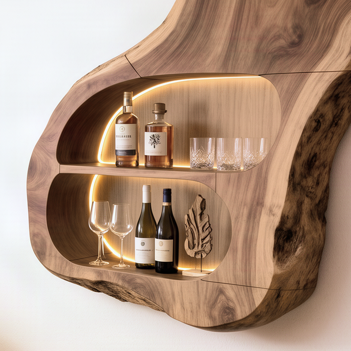 Close-up of the Cellara wine rack showing live edge wood grain, lit niche, wine bottles and glassware