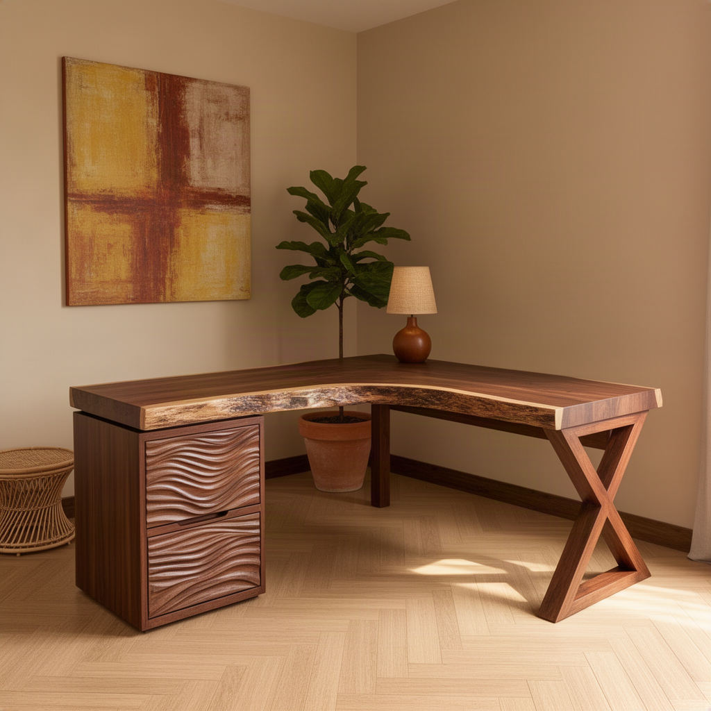 Marelle sculptural wood L-shaped desk in brown with angled solid wood top and sculptural X-shaped leg