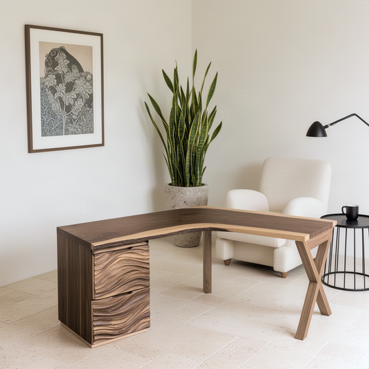 Marelle corner desk seen from an angle in a calm home office with armchair, floor lamp and tall plant
